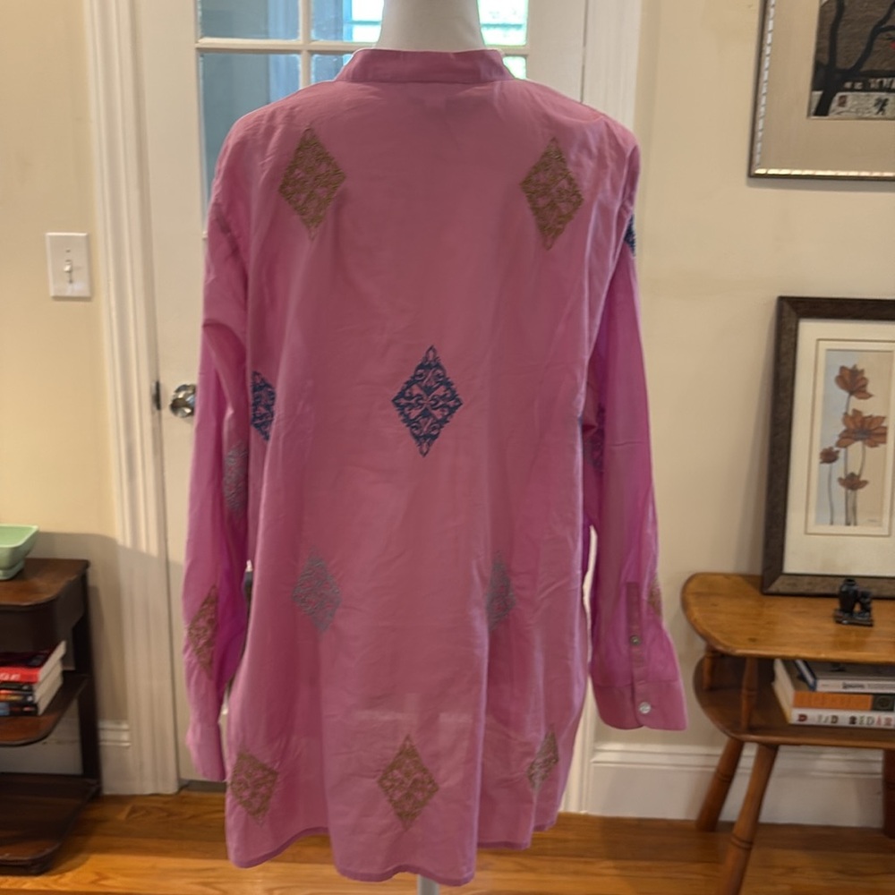 J. Jill Pink Cotton Button Down Tunic w/Embroidered Geometric Shapes. Size L. - Picture 7 of 11